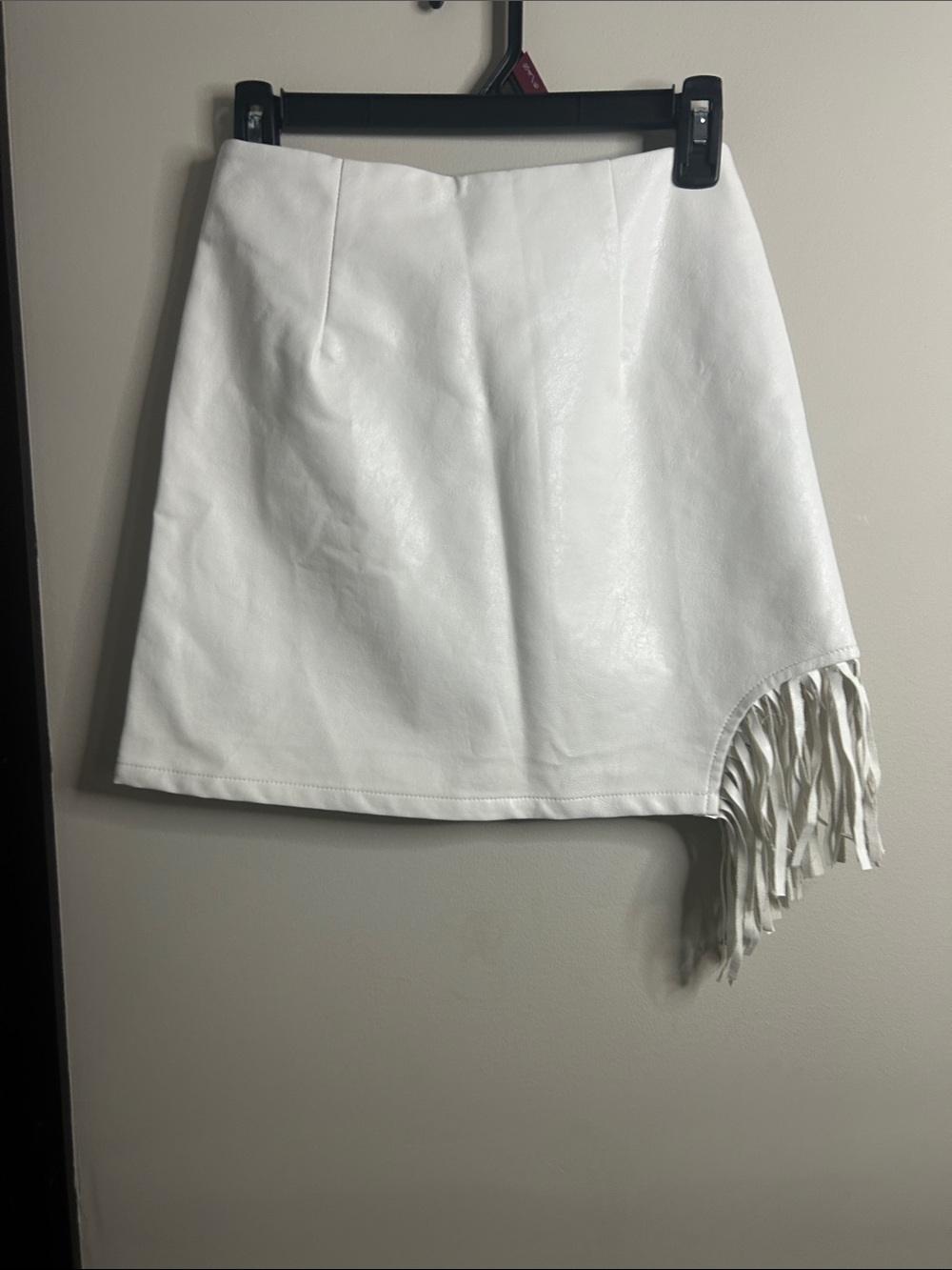 Asymmetrical White Faux-Leather Fringe Mini Skirt